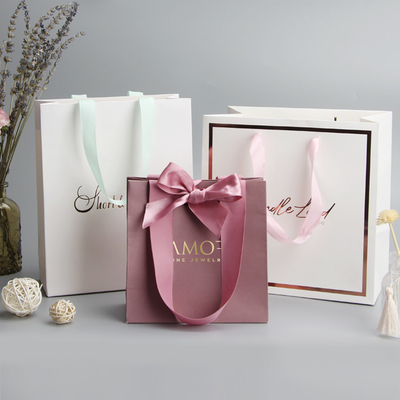 Custom Printed Wedding Jewellery Gift Packaging Shopping Paper Bags With Ribbon Handles