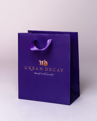 Luxury Custom Printed Logo Embossed Purple Coated Paper Bag With Ribbon Handle