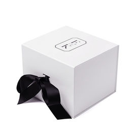 White Square Foldable Paper Gift Box With Magnetic Catch And Ribbon Decor