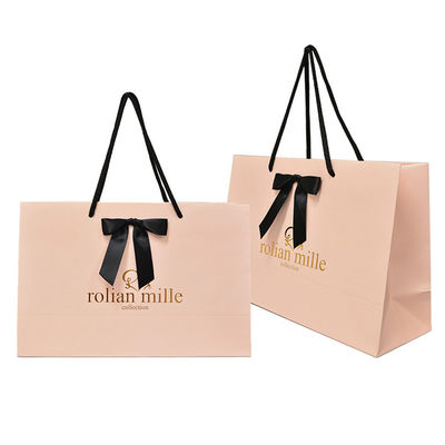 Customized Ribbon Handle Boutique Jewellery Gift Gold Foil Logo Shopping Paper Bags For Hair Extension