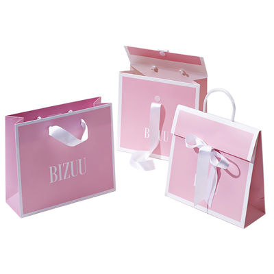 Customized Ribbon Handle Boutique Jewellery Gift Gold Foil Logo Shopping Paper Bags For Hair Extension