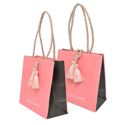 Custom Logo Printed Paper Pink Jewelry Packaging Gift Bag With Ribbons