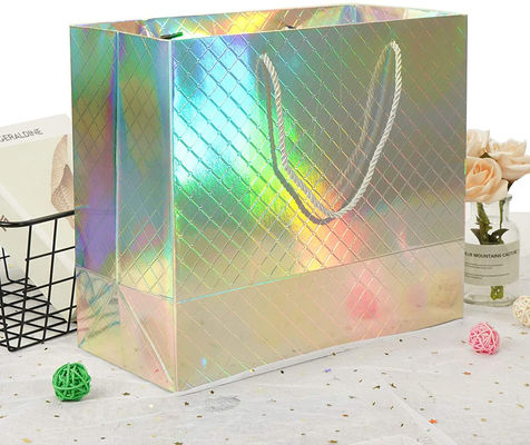 Custom Logo Printed Wholesale Retail Rainbow Iridescent Fancy Holographic Hologram Paper Gift Bags