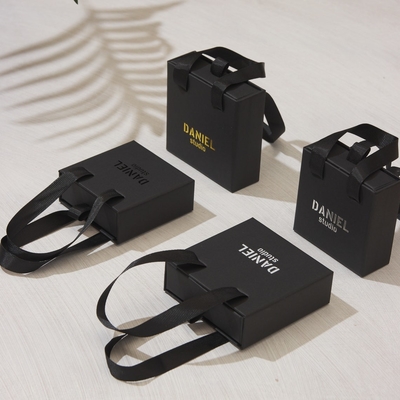 Custom Logo Printed Black Cute Slide Jewelry Packaging Display Gift Box With Ribbon Handle
