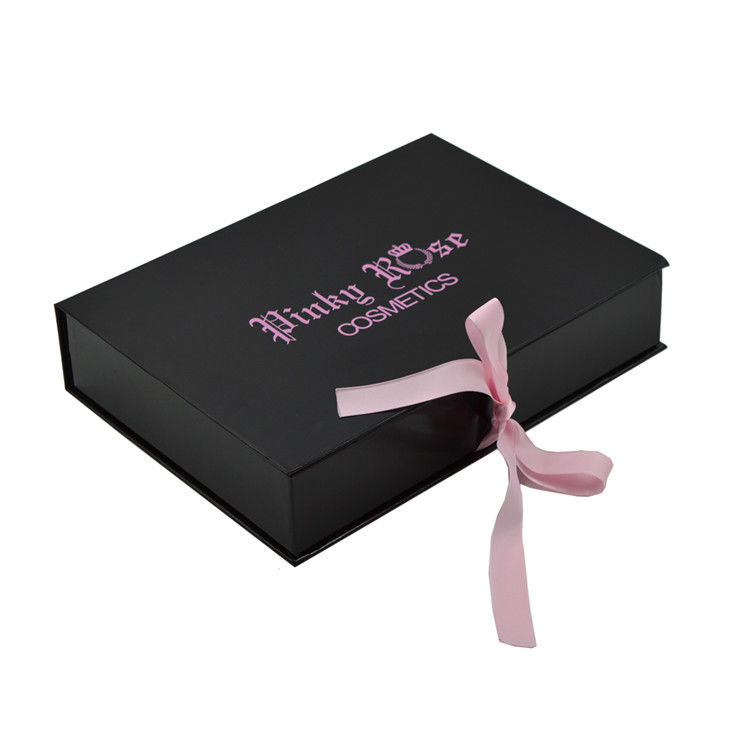 Matt Black Color Paper Gift Box With Ribbon Bow Customized Design Printing