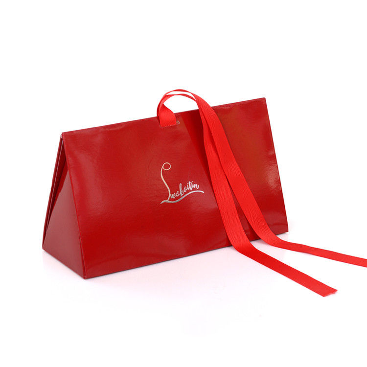 Triangle Shaped Printed Paper Gift Box Red Color With Ribbon Closure