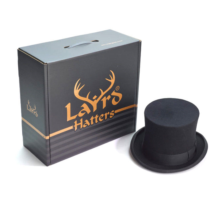 Custom Printed Black Cardboard Large Big Fedora Cap Hat Packaging Shipping Box With Handle