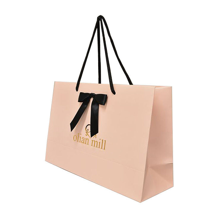 Custom Logo Printed Paper Pink Jewelry Packaging Gift Bag With Ribbons