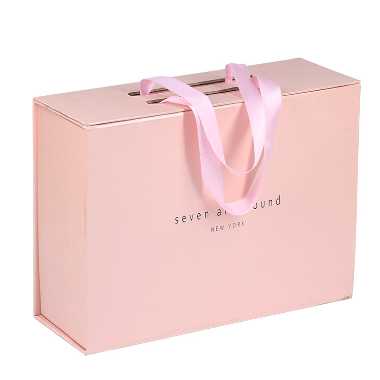 Foldable Pink Closure Gift Box With Ribbon Handle
